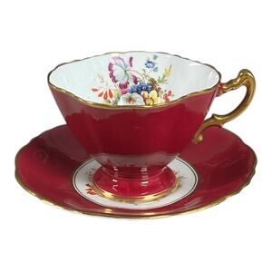 Vintage Hammersley & Co Footed TeaCup &Saucer Gold Trim Maroon Bone China Floral
